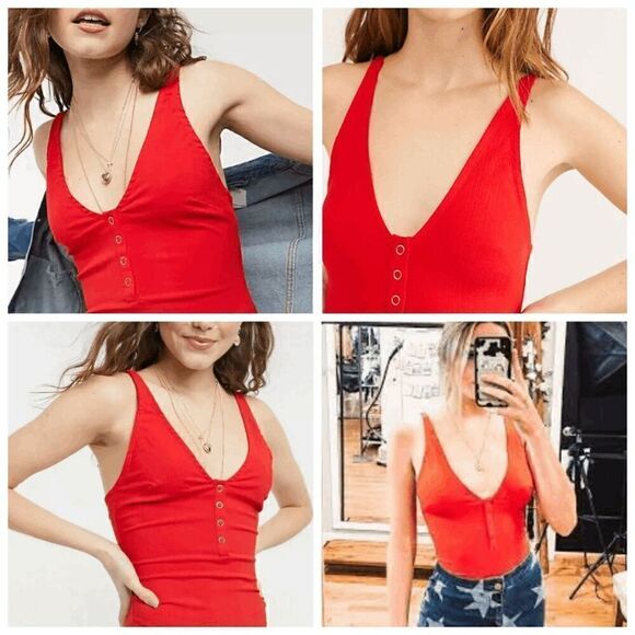 ❤️ FREE PEOPLE Larissa Tank V-Neck Thong Snap Button Red Bodysuit SIZE S - Picture 5 of 16